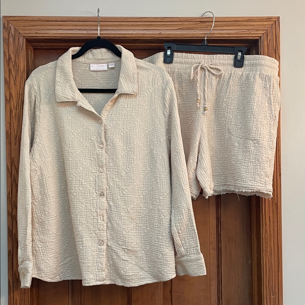 KIM GRAVEL Beige Button-Up Top and Shorts Set